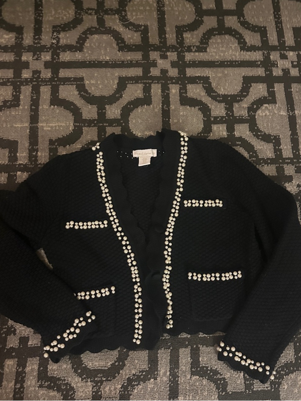 Pearl-Embellished Black Cropped Cardigan Sweater- two piece set
